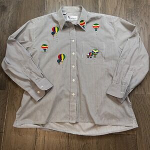 Vintage Mili Designs PM Striped Hot Air Balloon Embroidered Button Up‎ Shirt